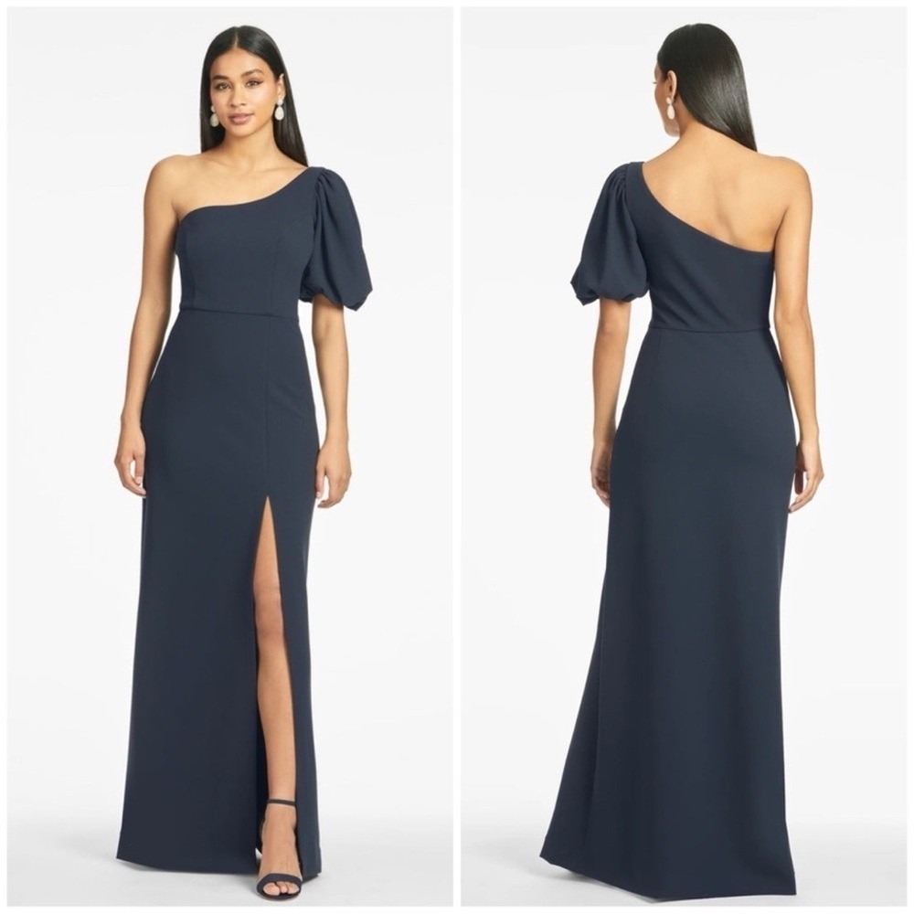 Sachin Babi Nadia Dress Womens Navy One Shoulder Puff Sleeve Gown Formal NEW